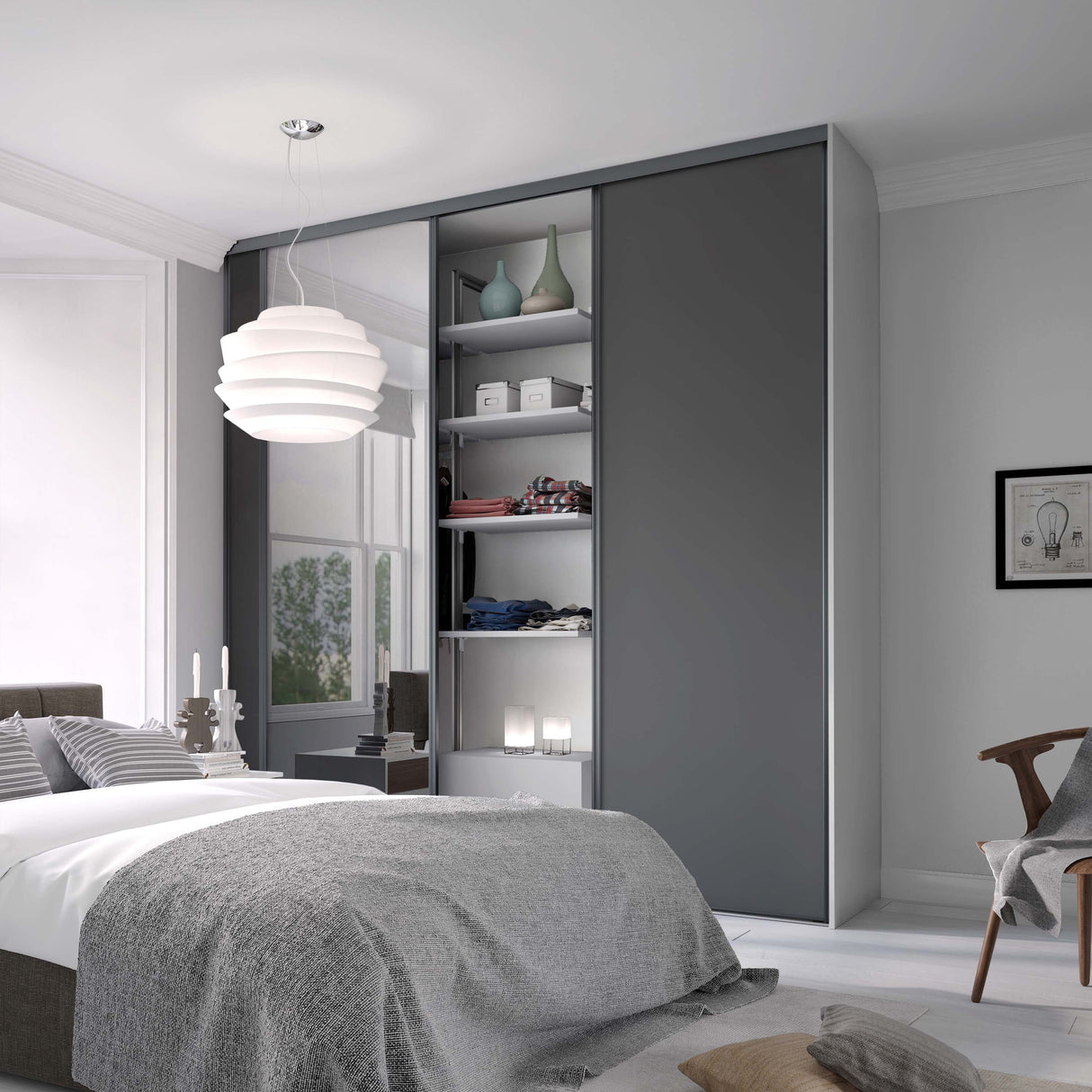 Spacepro Classic 3 Door sliding wardrobe Kit Graphite frame 2 x Panel 1 x Mirror (w)1760mm - Bedrooms Plus