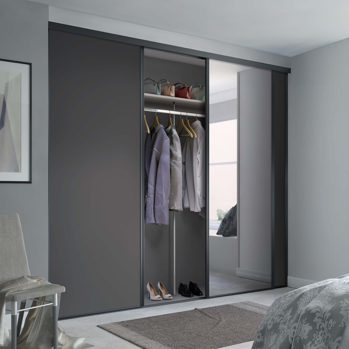 Spacepro Classic 3 Door sliding wardrobe Kit Graphite frame 2 x Panel 1 x Mirror (w)2672mm - Bedrooms Plus