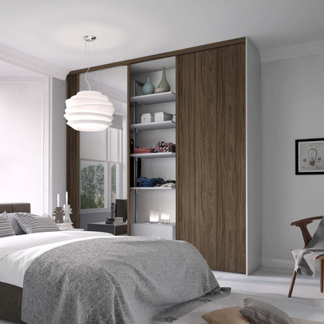 Spacepro Classic 3 Door sliding wardrobe Kit Walnut frame 2 x Panel 1 x Mirror (w)2216mm - Bedrooms Plus