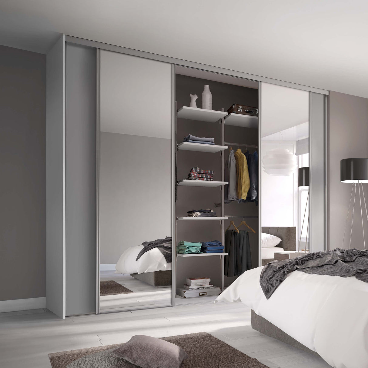 Spacepro Classic 4 Door sliding wardrobe Kit Dove Grey frame 2 x Panel 2 x Mirror (w)2978mm - Bedrooms Plus