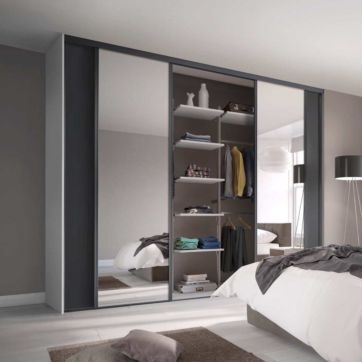 Spacepro Classic 4 Door sliding wardrobe Kit Graphite frame 2 x Panel 2 x Mirror (w)2370mm - Bedrooms Plus