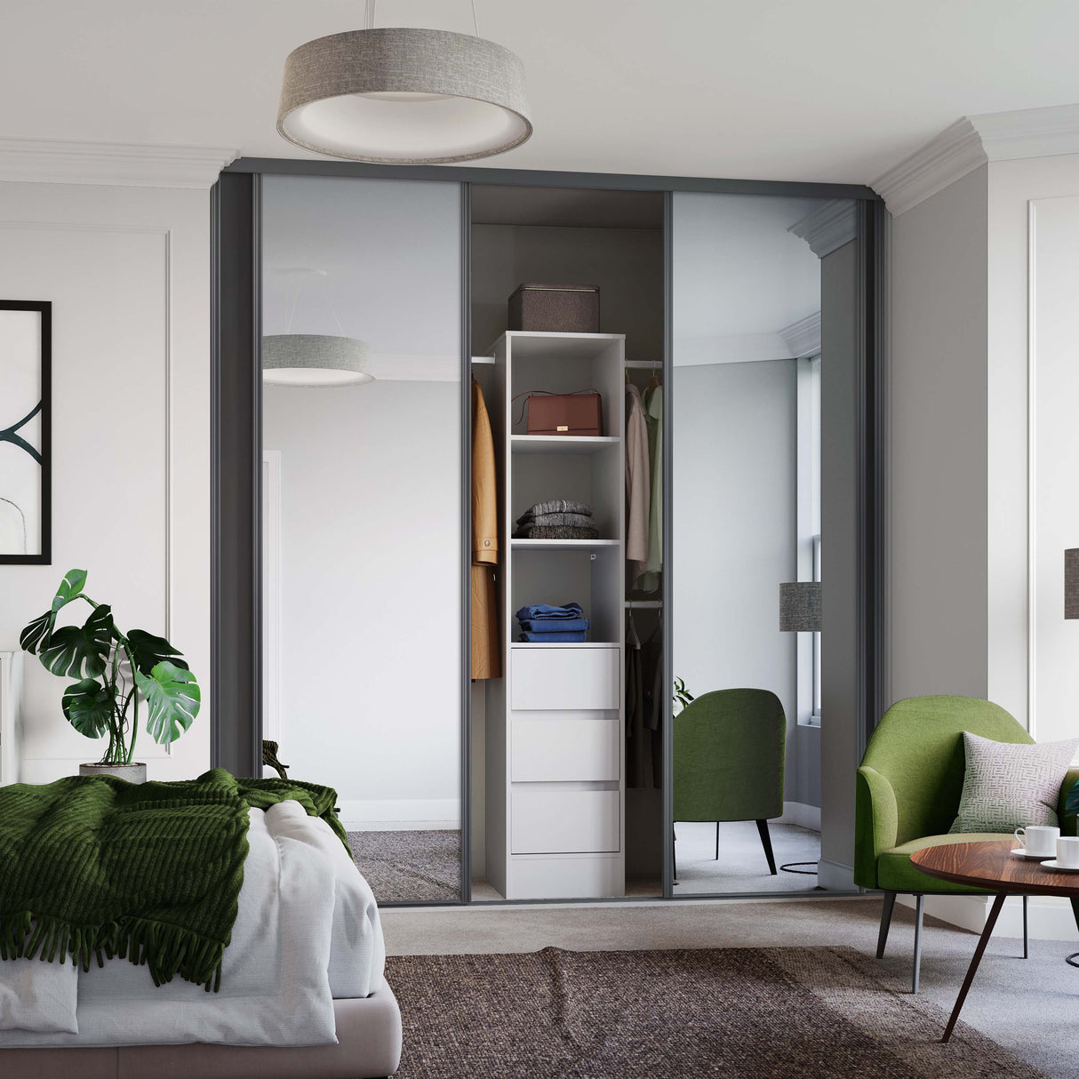 Spacepro Classic 4 Door sliding wardrobe Kit Graphite frame 2 x Panel 2 x Mirror (w)2370mm - Bedrooms Plus