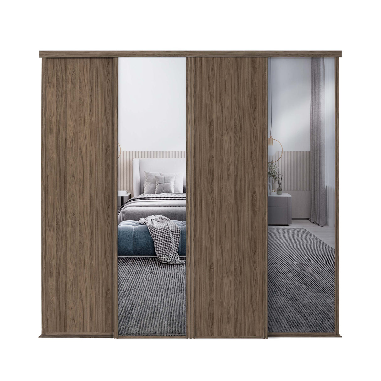 Spacepro Classic 4 Door sliding wardrobe Kit Walnut frame 2 x Panel 2 x Mirror (w)2370mm - Bedrooms Plus