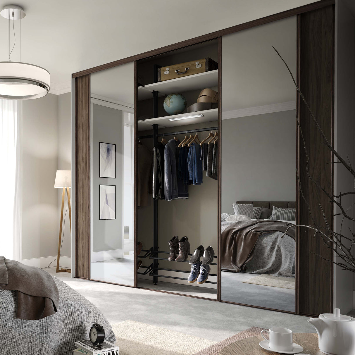Spacepro Classic 4 Door sliding wardrobe Kit Walnut frame 2 x Panel 2 x Mirror (w)2370mm - Bedrooms Plus