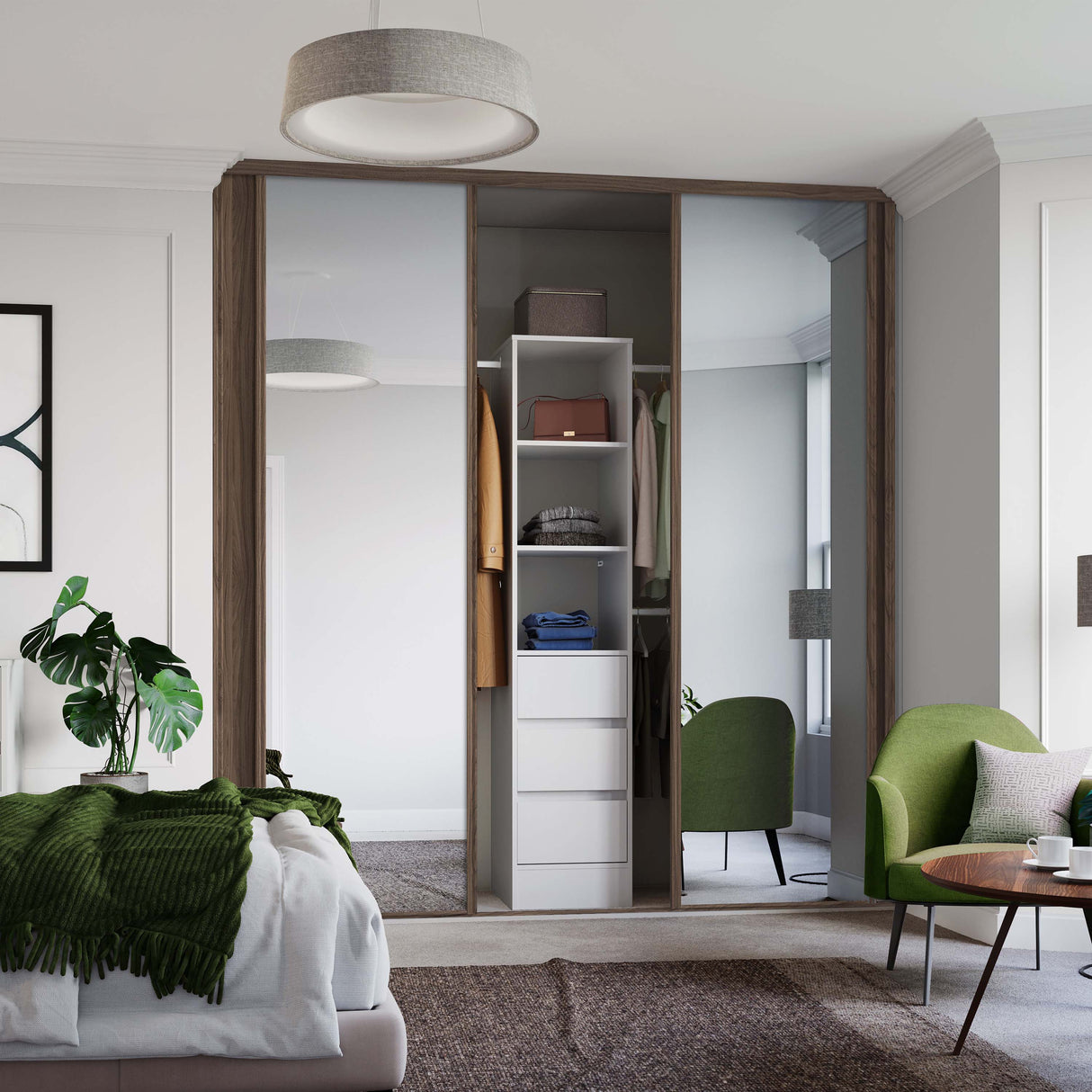 Spacepro Classic 4 Door sliding wardrobe Kit Walnut frame 2 x Panel 2 x Mirror (w)2370mm - Bedrooms Plus