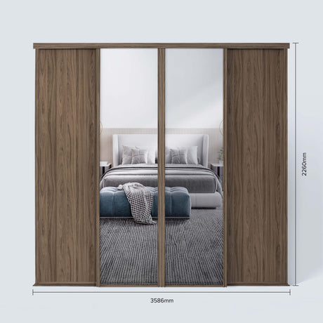 Spacepro Classic 4 Door sliding wardrobe Kit Walnut frame 2 x Panel 2 x Mirror (w)3586mm - Bedrooms Plus