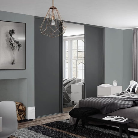 Spacepro Graphite Grey Heritage 3 Door Sliding Wardrobe Door Kit with Mirror & Wood Panels | Fits 1780mm width - Bedrooms Plus