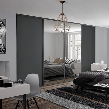 Spacepro Graphite Grey Heritage 4 Door Sliding Wardrobe Door Kit with Mirror & Wood Panels | Fits 2390mm width - Bedrooms Plus