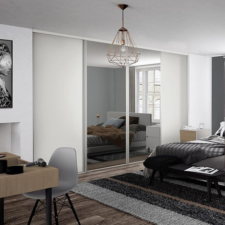 Spacepro Heritage 4 - Door Dove Grey Sliding Wardrobe Door Kit with Full Dove Grey Wood & Mirror | Fits 2390mm width - Bedrooms Plus