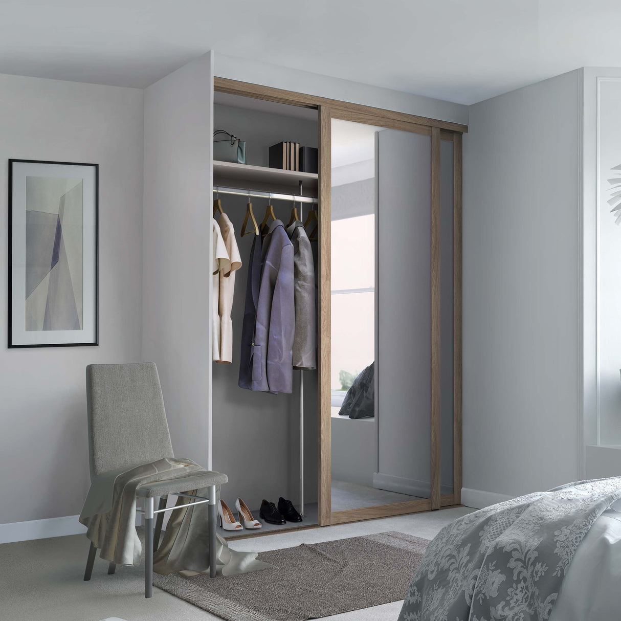 Spacepro Shaker 2 Door sliding wardrobe Kit Mirror Oak frame (w)1449mm - Bedrooms Plus