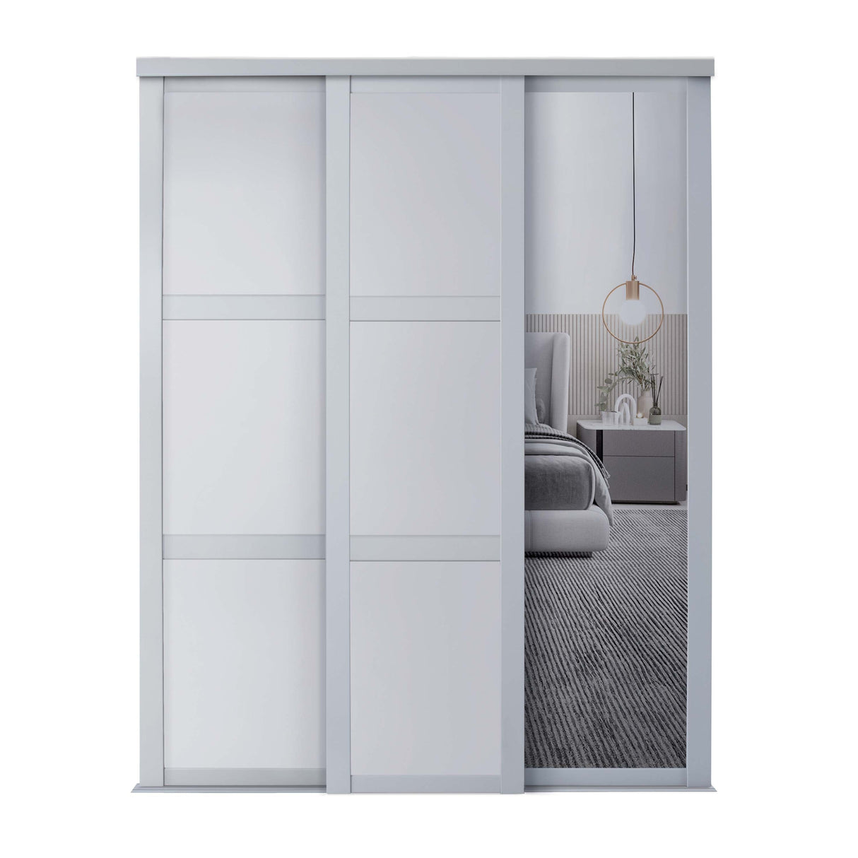 Spacepro Shaker 3 Door sliding wardrobe Kit Dove Grey frame 2 x Panel 1 x Mirror (w)2136mm - Bedrooms Plus