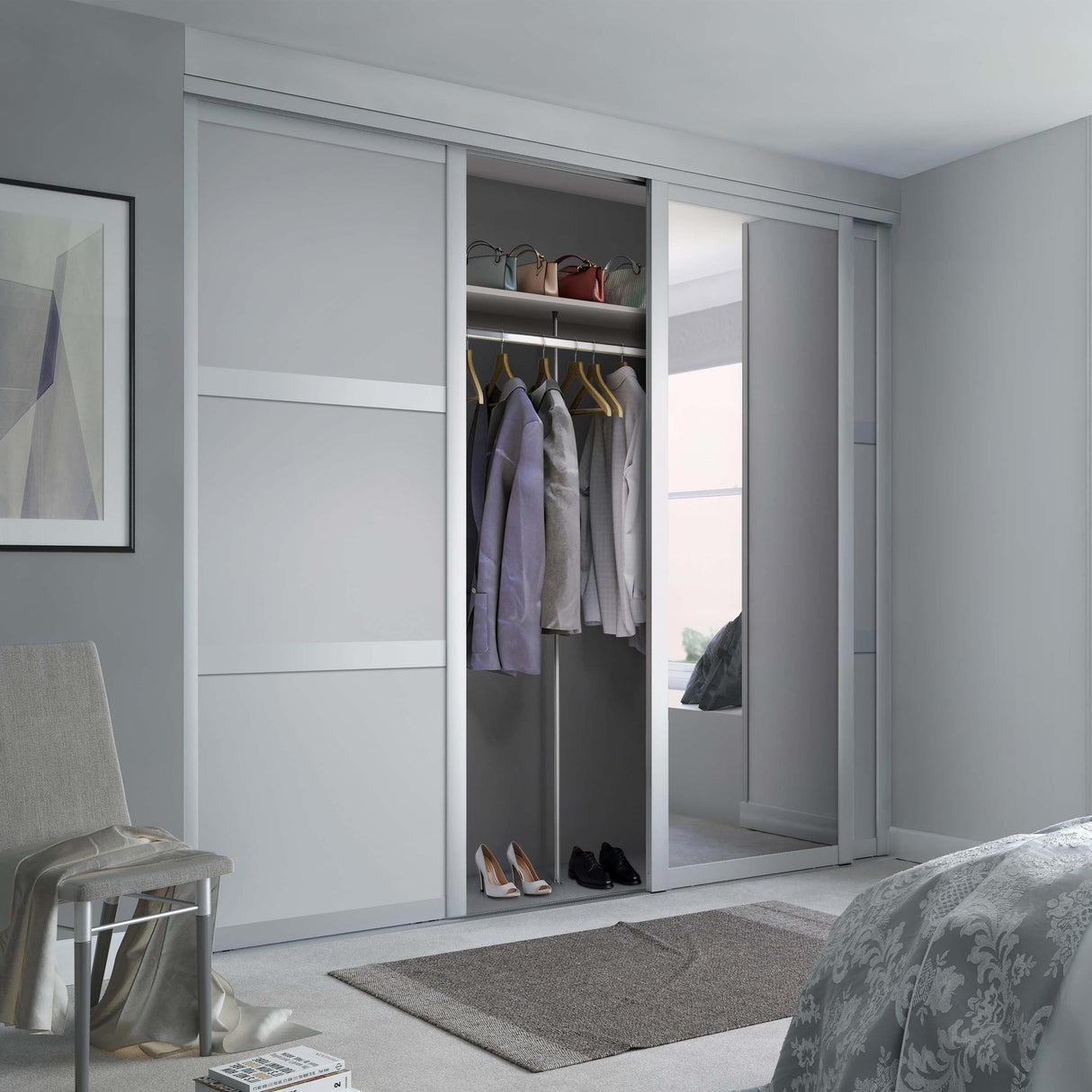 Spacepro Shaker 3 Door sliding wardrobe Kit Dove Grey frame 2 x Panel 1 x Mirror (w)2592mm - Bedrooms Plus