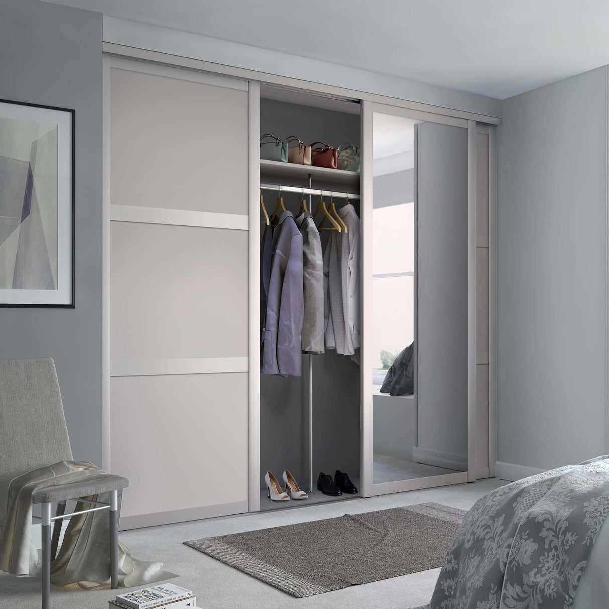 Spacepro Shaker 3 Door sliding wardrobe Kit Mirror Cashmere frame (w)1680mm - Bedrooms Plus