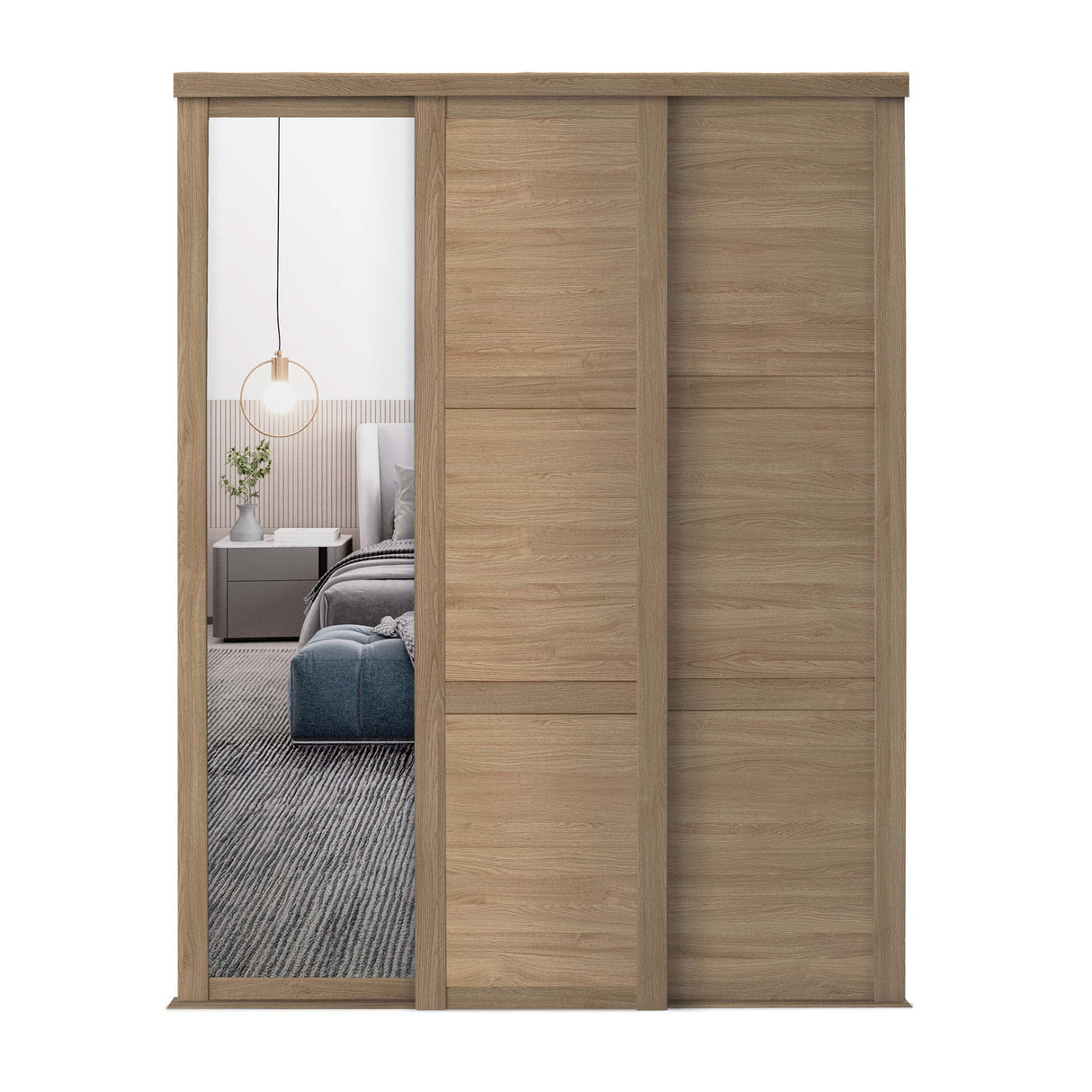 Spacepro Shaker 3 Door sliding wardrobe Kit Mirror Oak frame (w)2592mm - Bedrooms Plus