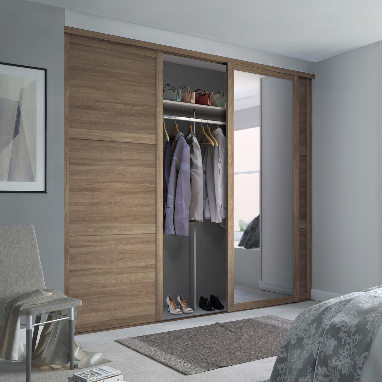 Spacepro Shaker 3 Door sliding wardrobe Kit Mirror Oak frame (w)2592mm - Bedrooms Plus