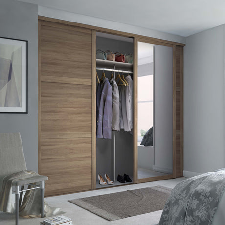 Spacepro Shaker 3 Door sliding wardrobe Kit Mirror Oak frame (w)2592mm - Bedrooms Plus