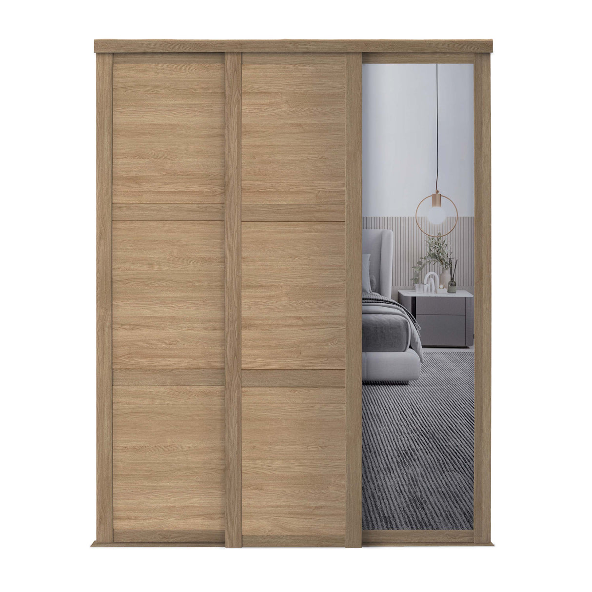 Spacepro Shaker 3 Door sliding wardrobe Kit Mirror Oak frame (w)2592mm - Bedrooms Plus