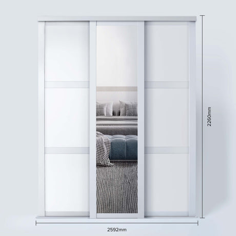 Spacepro Shaker 3 Door sliding wardrobe Kit Mirror White frame (w)2592mm - Bedrooms Plus