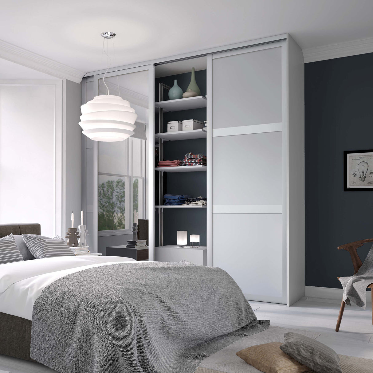 Spacepro Shaker 3 Door sliding wardrobe Kit Mirror White frame (w)2592mm - Bedrooms Plus