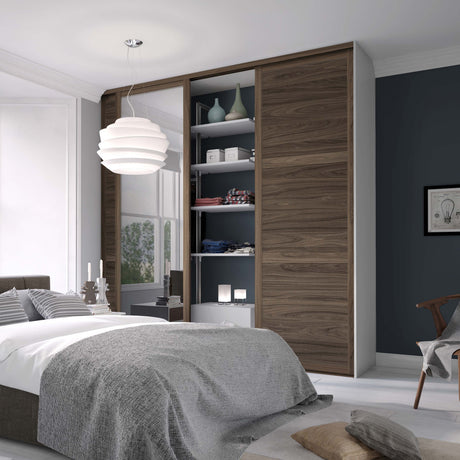 Spacepro Shaker 3 Door sliding wardrobe Kit Walnut frame 2 x Panel 1 x Mirror (w)1680mm - Bedrooms Plus