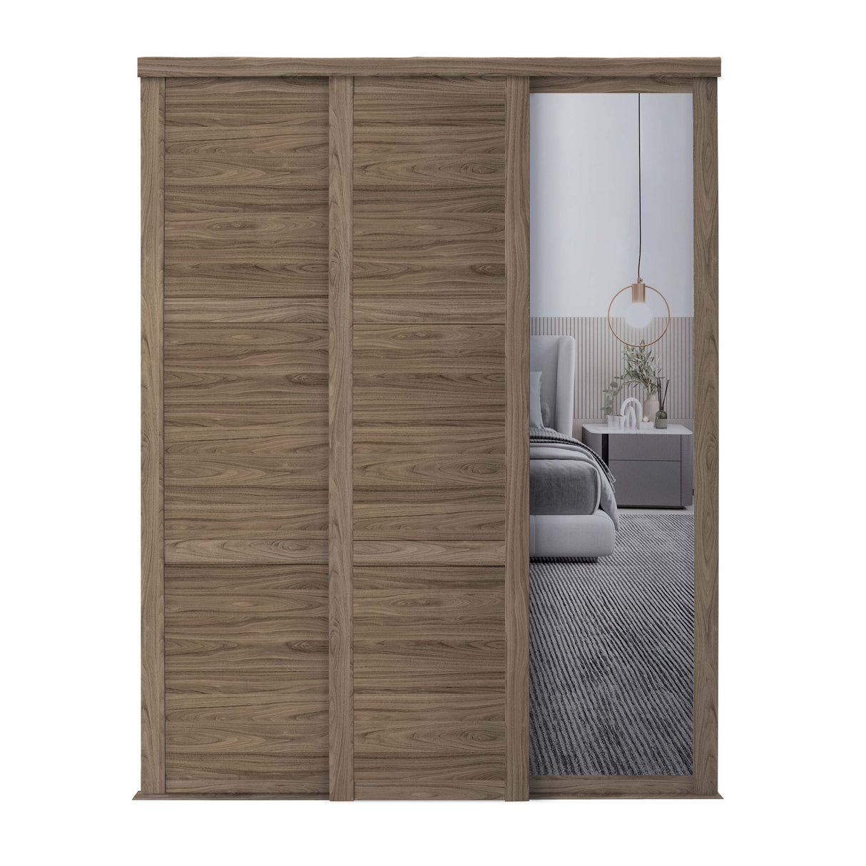 Spacepro Shaker 3 Door sliding wardrobe Kit Walnut frame 2 x Panel 1 x Mirror (w)2136mm - Bedrooms Plus