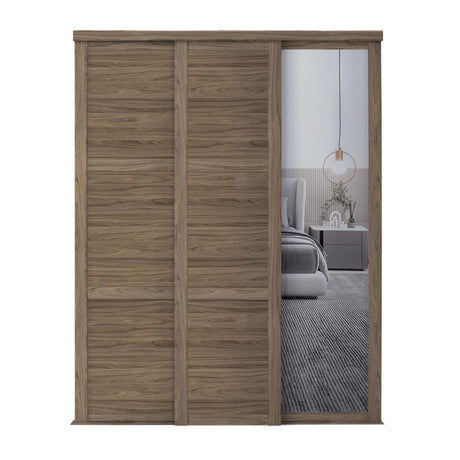 Spacepro Shaker 3 Door sliding wardrobe Kit Walnut frame 2 x Panel 1 x Mirror (w)2136mm - Bedrooms Plus