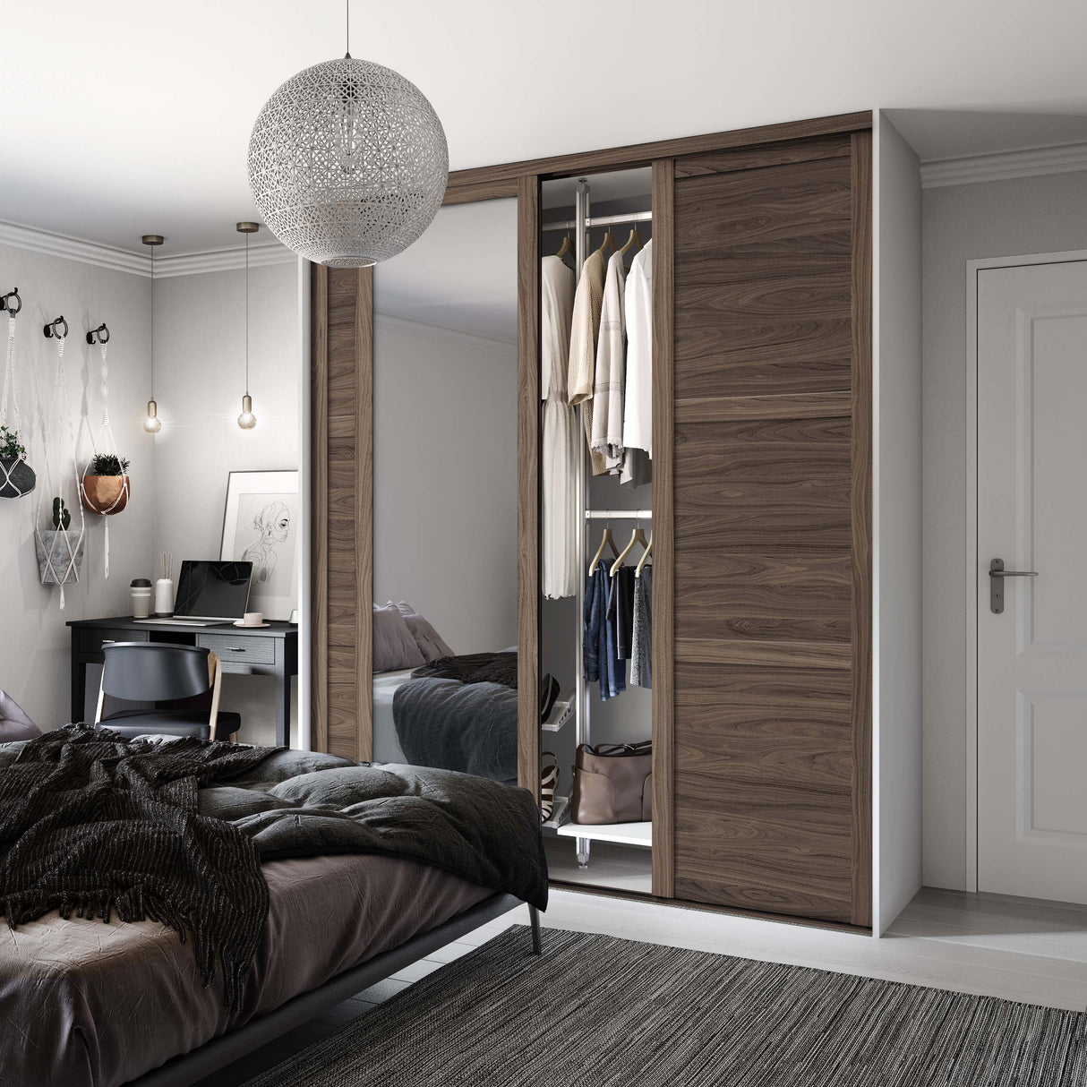 Spacepro Shaker 3 Door sliding wardrobe Kit Walnut frame 2 x Panel 1 x Mirror (w)2136mm - Bedrooms Plus