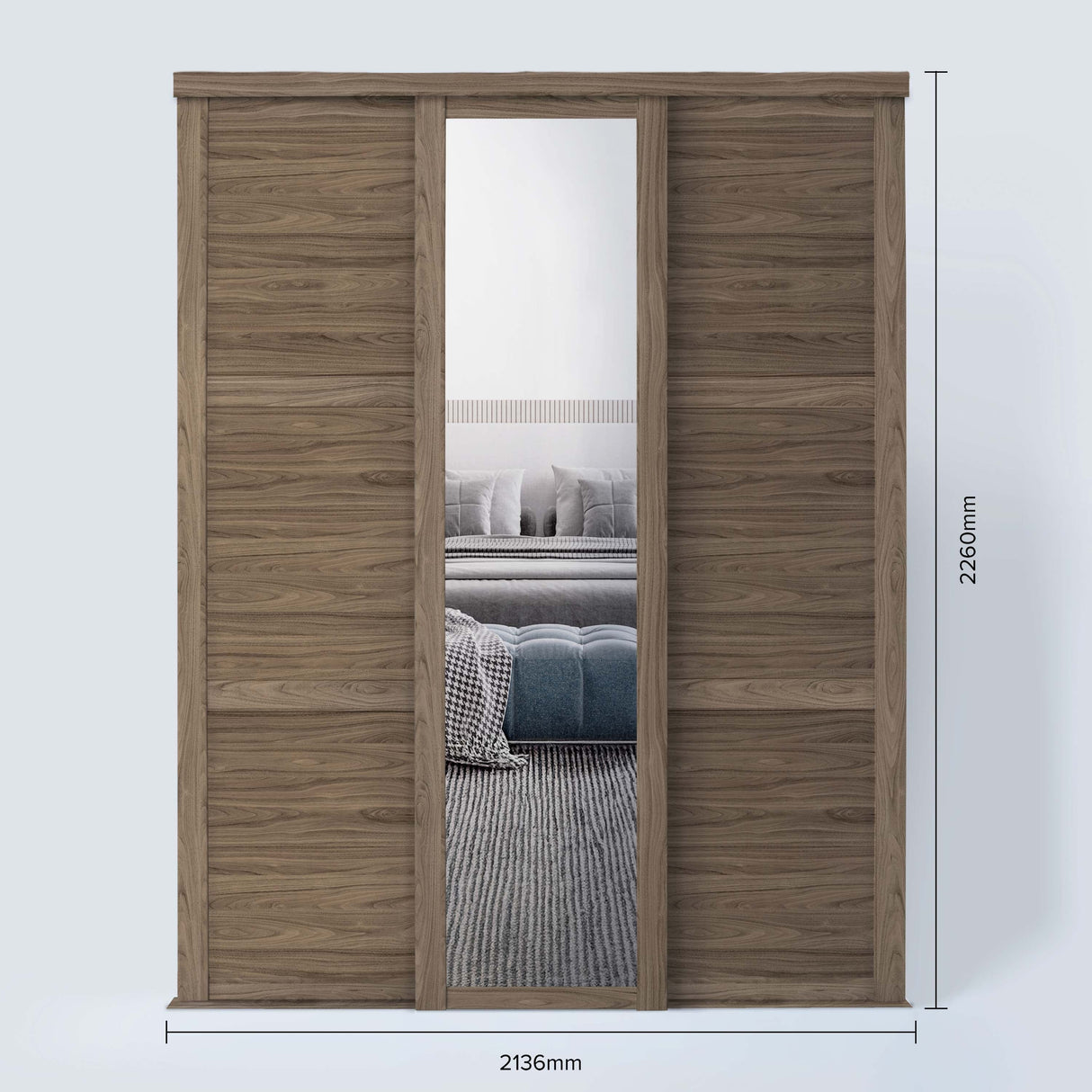 Spacepro Shaker 3 Door sliding wardrobe Kit Walnut frame 2 x Panel 1 x Mirror (w)2136mm - Bedrooms Plus