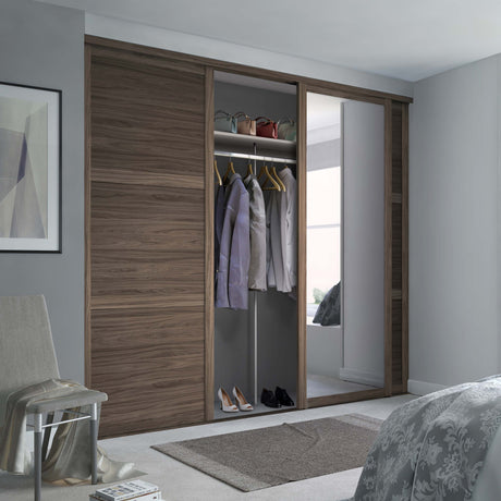 Spacepro Shaker 3 Door sliding wardrobe Kit Walnut frame 2 x Panel 1 x Mirror (w)2592mm - Bedrooms Plus