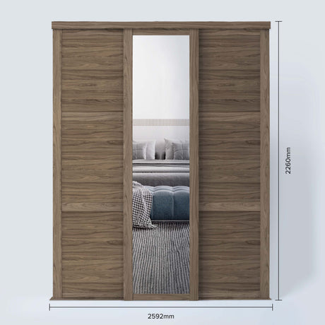 Spacepro Shaker 3 Door sliding wardrobe Kit Walnut frame 2 x Panel 1 x Mirror (w)2592mm - Bedrooms Plus