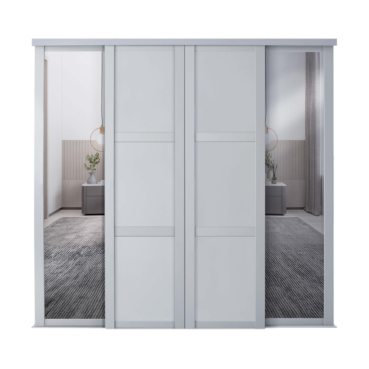 Spacepro Shaker 4 door Dove Grey sliding wardrobe kit with 2 Panel and 2 Mirror 3506mm - Bedrooms Plus