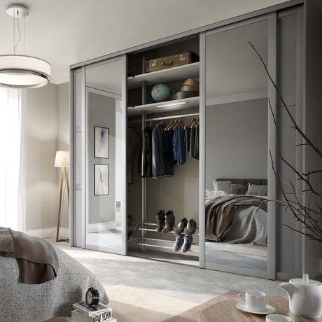 Spacepro Shaker 4 door Dove Grey sliding wardrobe kit with 2 Panel and 2 Mirror 3506mm - Bedrooms Plus