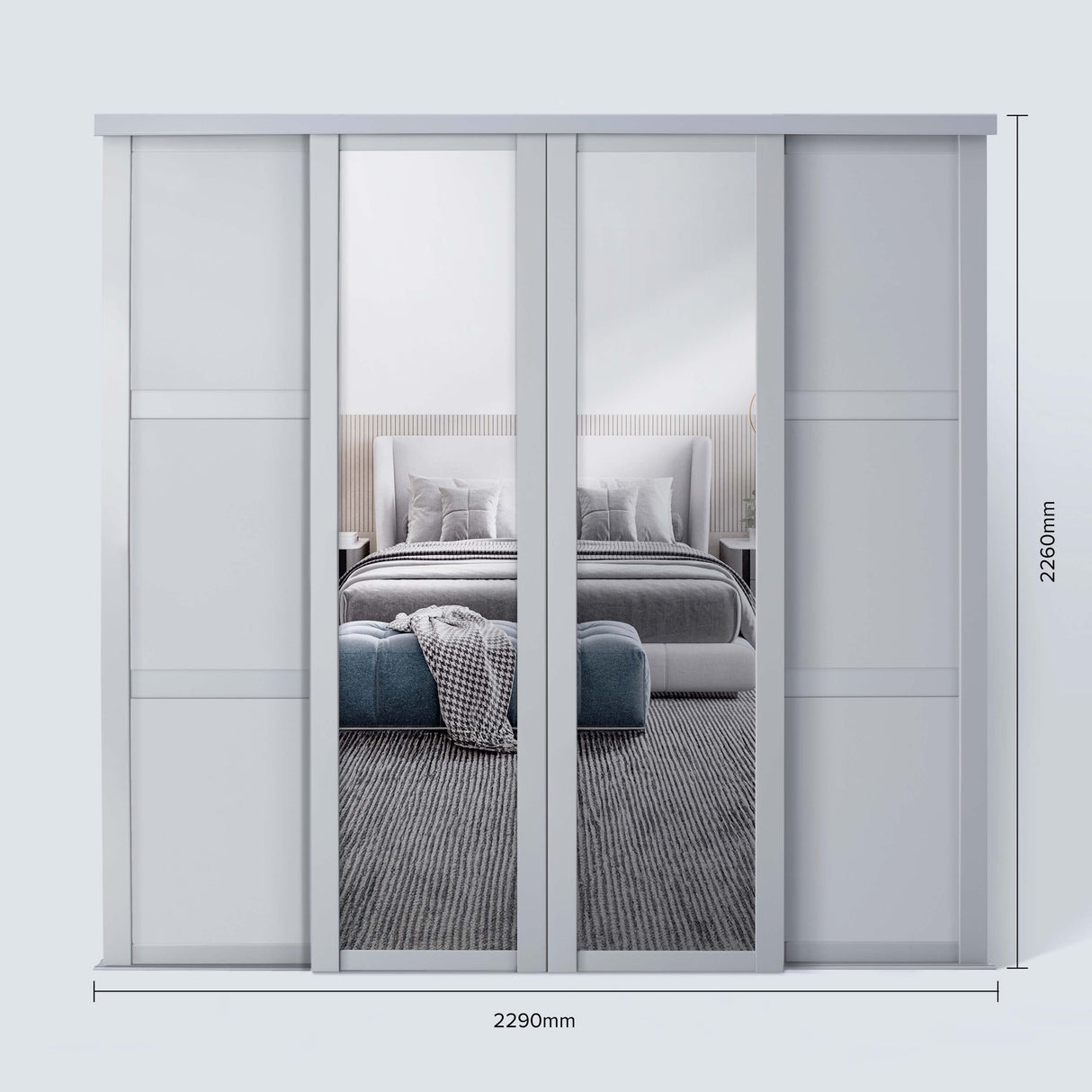 Spacepro Shaker 4 Door sliding wardrobe Kit Dove Grey frame 2 x Panel 2 x Mirror (w)2290mm - Bedrooms Plus