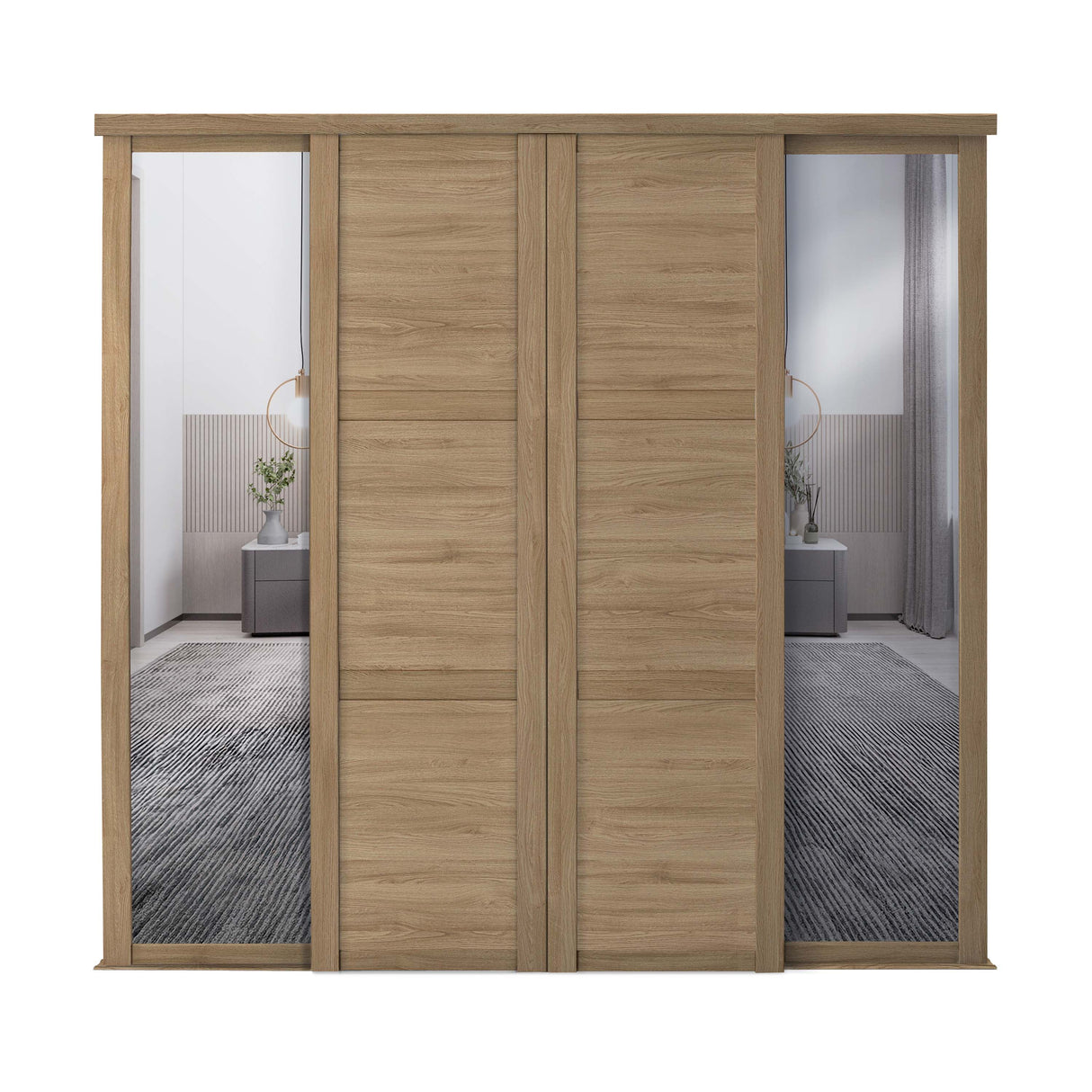 Spacepro Shaker 4 Door sliding wardrobe Kit Mirror Oak frame (w)2290mm - Bedrooms Plus