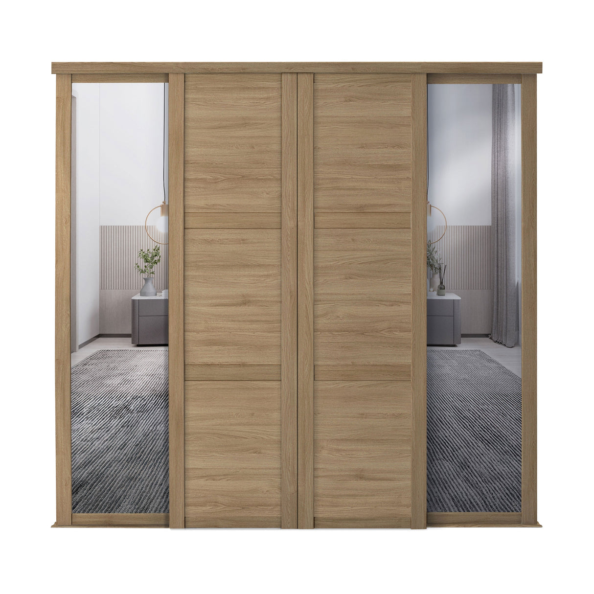 Spacepro Shaker 4 Door sliding wardrobe Kit Mirror Oak frame (w)2898mm - Bedrooms Plus