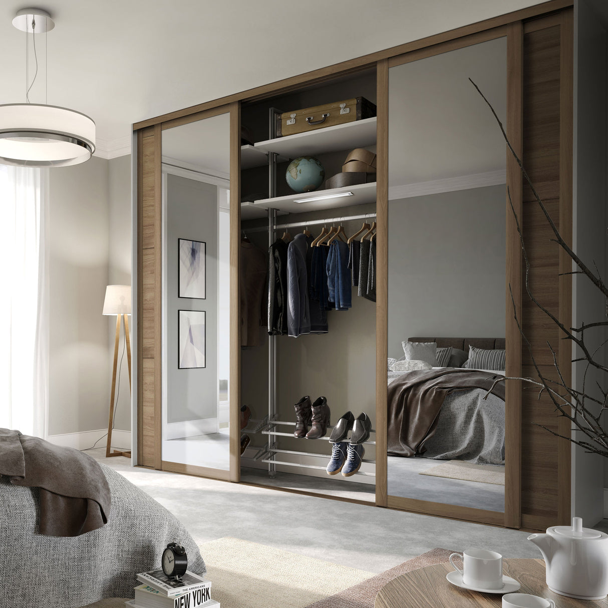 Spacepro Shaker 4 Door sliding wardrobe Kit Mirror Oak frame (w)2898mm - Bedrooms Plus