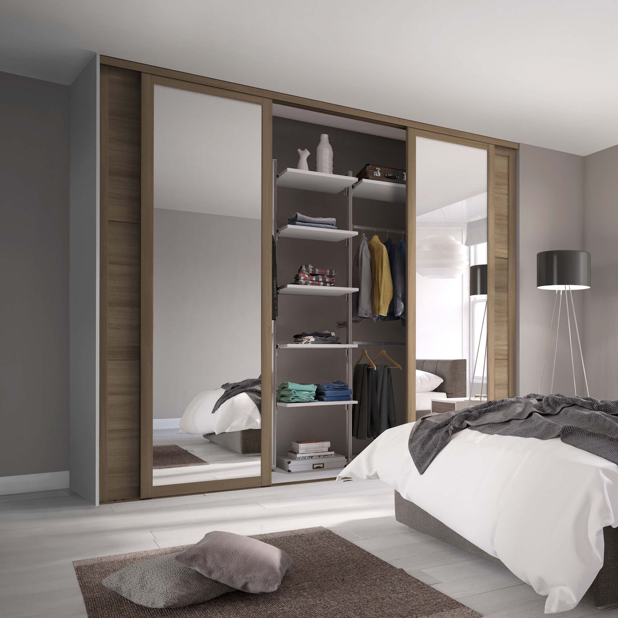 Spacepro Shaker 4 Door sliding wardrobe Kit Mirror Oak frame (w)3506mm - Bedrooms Plus