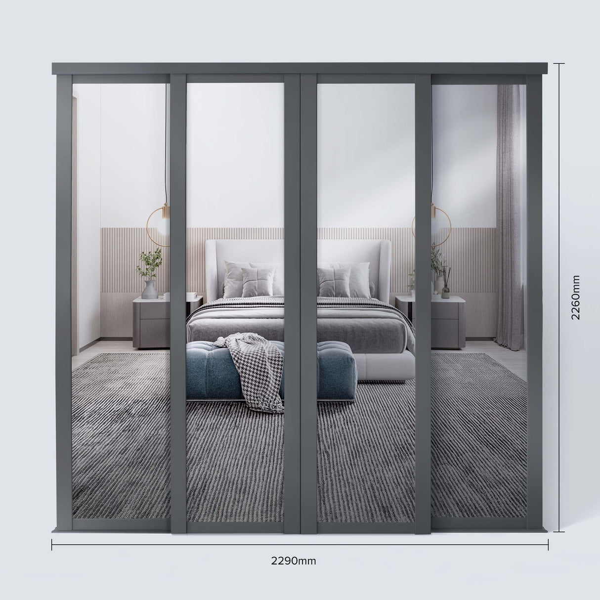 Spacepro Shaker 4 Door sliding wardrobe Kit Mirror with Graphite frame (w)2290mm - Bedrooms Plus
