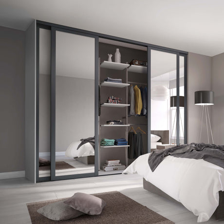 Spacepro Shaker 4 Door sliding wardrobe Kit Mirror with Graphite frame (w)2290mm - Bedrooms Plus