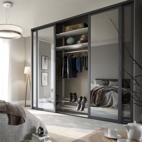 Spacepro Shaker 4 Door sliding wardrobe Kit Mirror with Graphite frame (w)2290mm - Bedrooms Plus