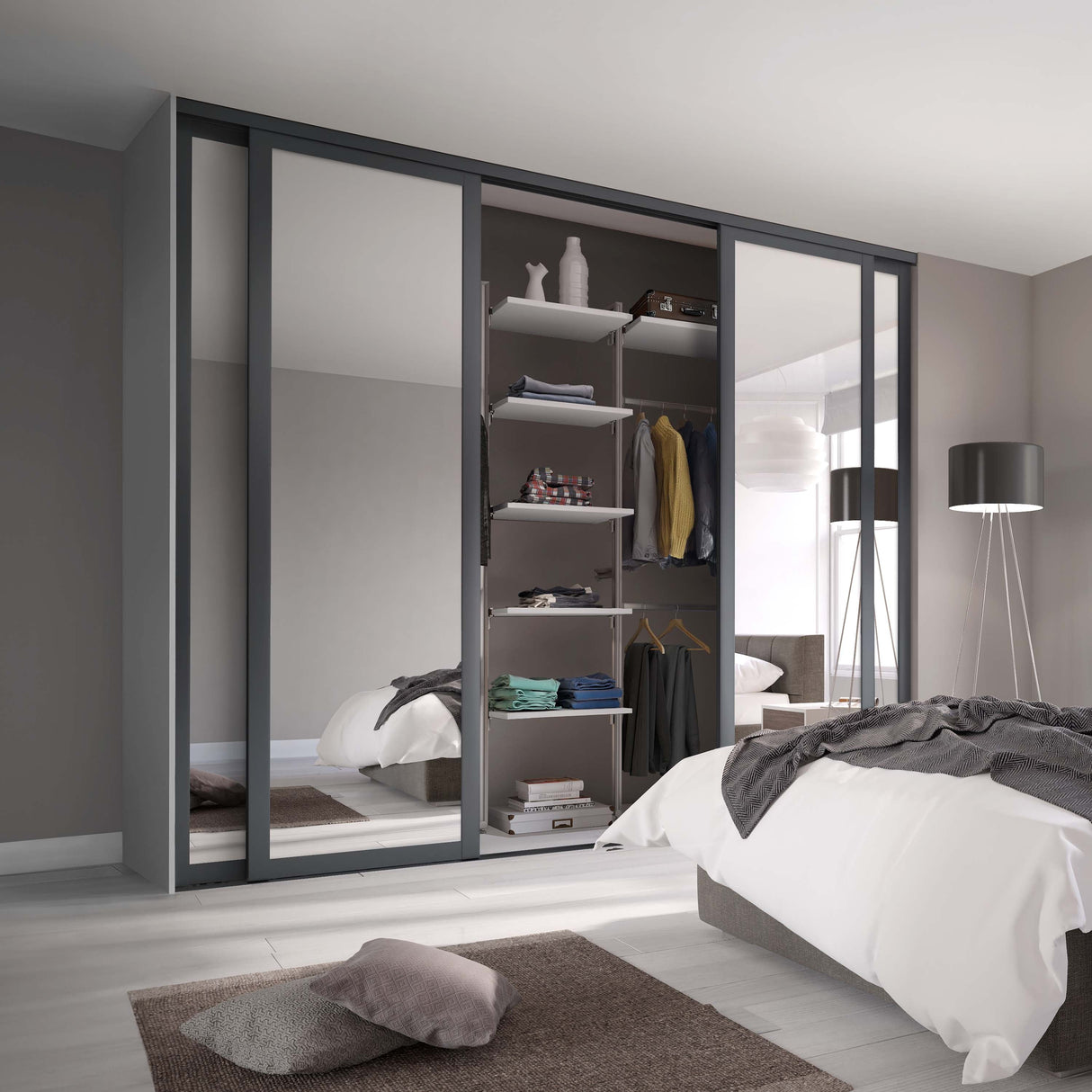 Spacepro Shaker 4 Door sliding wardrobe Kit Mirror with Graphite frame (w)2898mm - Bedrooms Plus