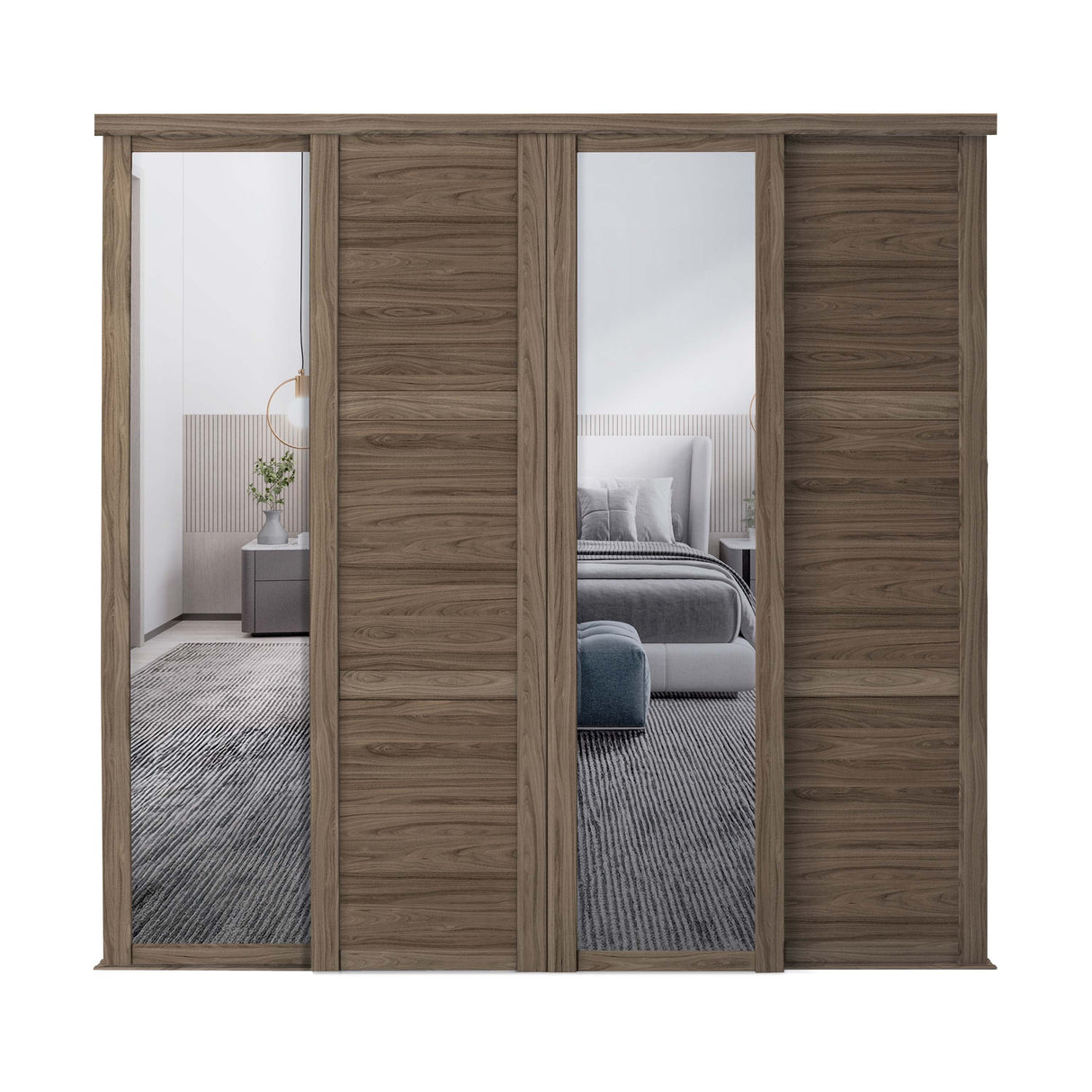 Spacepro Shaker 4 Door sliding wardrobe Kit Walnut 2 X Panel 2 x Mirror (w)3506mm - Bedrooms Plus
