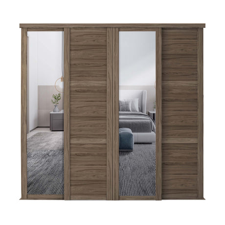 Spacepro Shaker 4 Door sliding wardrobe Kit Walnut 2 X Panel 2 x Mirror (w)3506mm - Bedrooms Plus