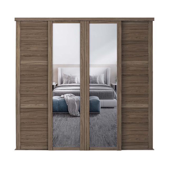 Spacepro Shaker 4 Door sliding wardrobe Kit Walnut 2 X Panel 2 x Mirror (w)3506mm - Bedrooms Plus