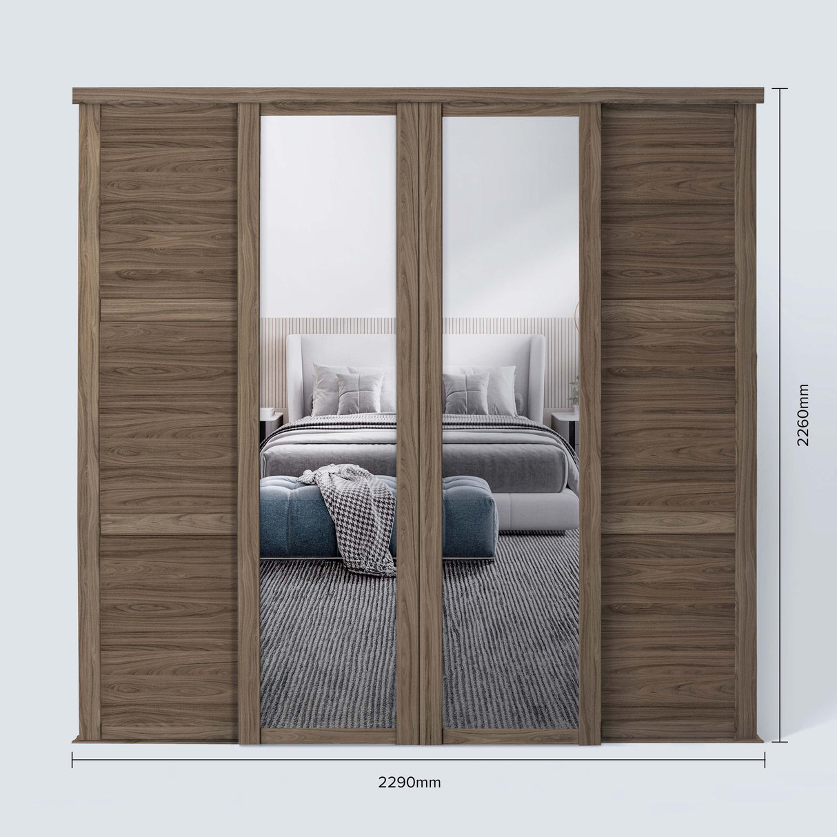 Spacepro Shaker 4 Door sliding wardrobe Kit Walnut frame 2 x Panel 2 x Mirror (w)2290mm - Bedrooms Plus