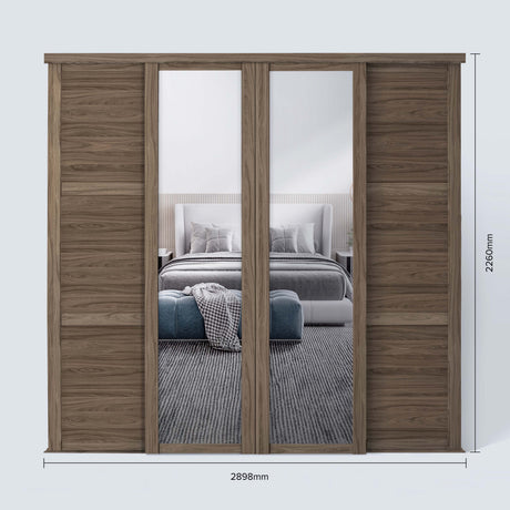 Spacepro Shaker 4 Door sliding wardrobe Kit Walnut frame 2 x Panel 2 x Mirror (w)2898mm - Bedrooms Plus