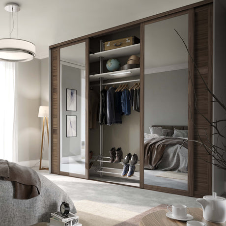 Spacepro Shaker 4 Door sliding wardrobe Kit Walnut frame 2 x Panel 2 x Mirror (w)2898mm - Bedrooms Plus