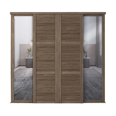 Spacepro Shaker 4 Door sliding wardrobe Kit Walnut frame 2 x Panel 2 x Mirror (w)2898mm - Bedrooms Plus