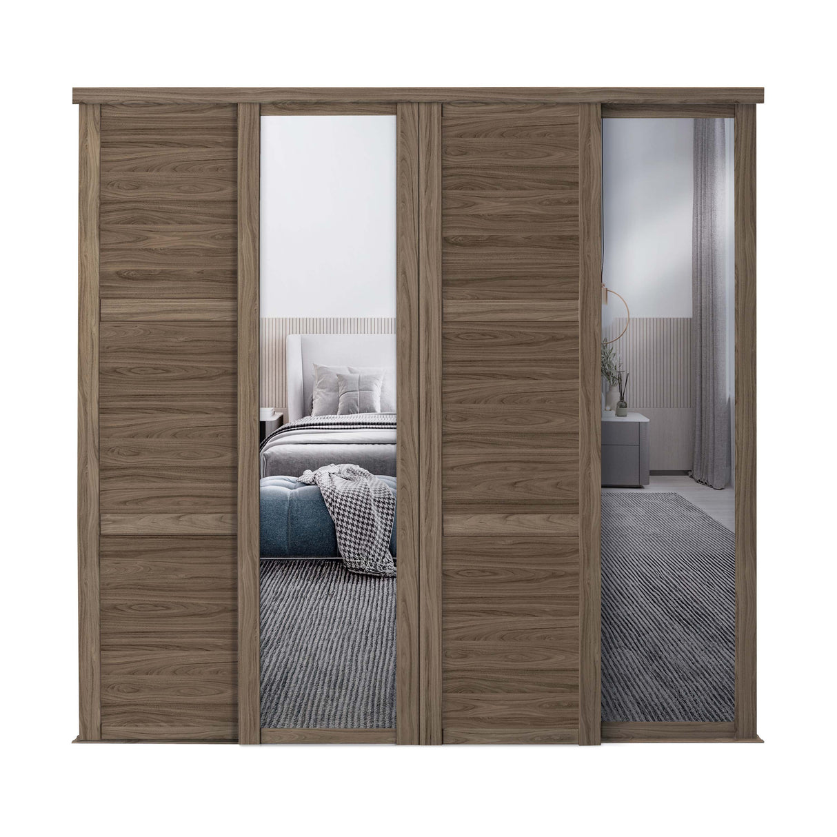 Spacepro Shaker 4 Door sliding wardrobe Kit Walnut frame 2 x Panel 2 x Mirror (w)2898mm - Bedrooms Plus
