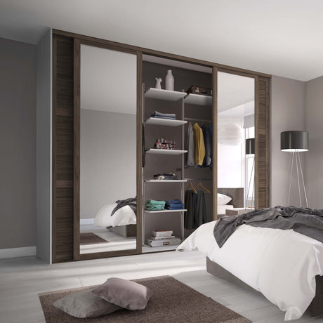 Spacepro Shaker 4 Door sliding wardrobe Kit Walnut frame 2 x Panel 2 x Mirror (w)2898mm - Bedrooms Plus